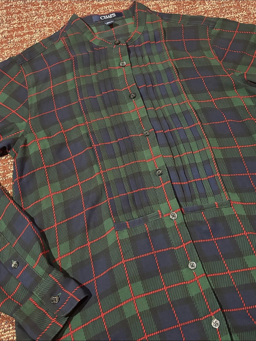 Chaps long sleeve button down pleated front sheer tartan plaid long sleeve top S